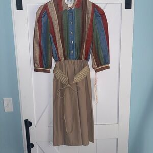 NWT Vintage‎ Peri Petites Button Striped Tan Brown Cottage Core Pleated Dress 6